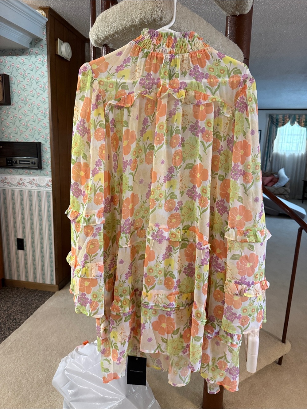Bohemian Traders Floral Ruffle Tiered Dress in Peach, Lavender & Green